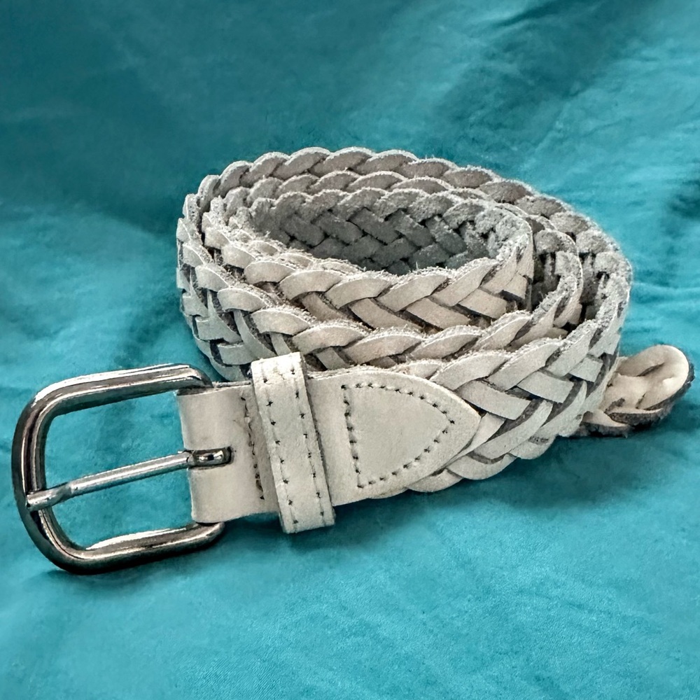 Leather Belt Braided Woven Adjustable Cream /White S/M Made in Argentina 36.5”